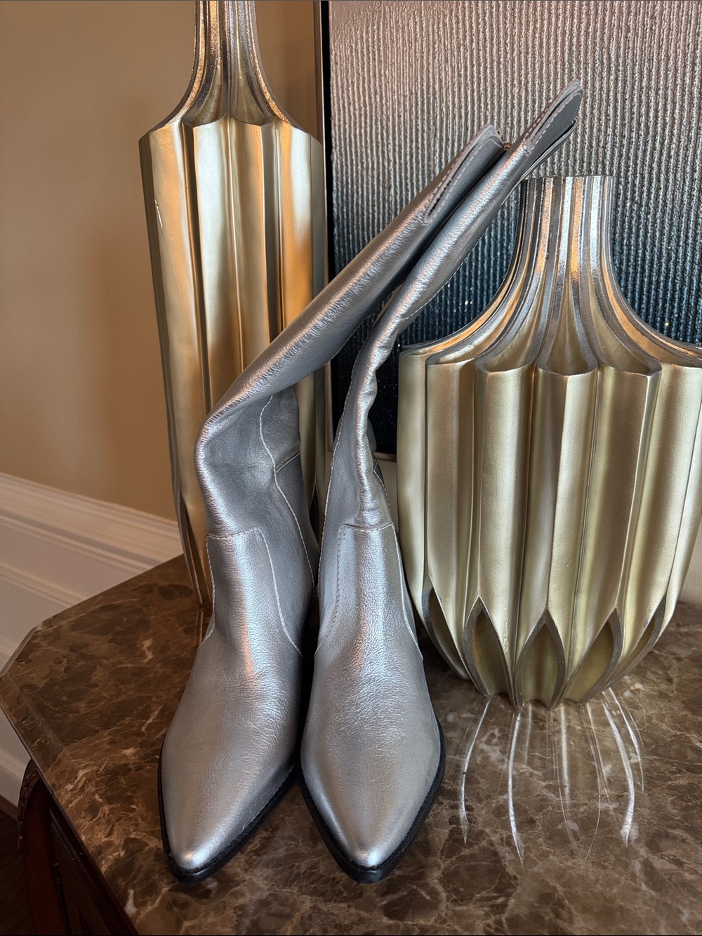 Silver Metallic Leather Knee-High Boots - Matisse